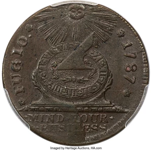 image for: 1787 Fugio Cent, STATES UNITED, 4 Cinquefoils, Pointed Rays, N. 8-X, W-6750, R.3, MS64 Brown PCGS. CAC....