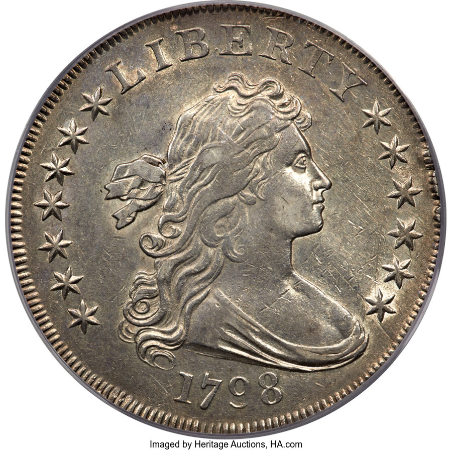 image for: 1798 $1 Large Eagle, Pointed 9, 4 Lines, B-11, BB-111, R.3, AU53 PCGS....