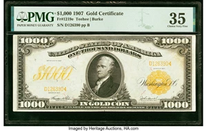 image for: Fr. 1219e $1,000 1907 Gold Certificate PMG Choice Very Fine 35....