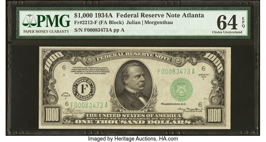 image for: Fr. 2212-F $1,000 1934A Federal Reserve Note. PMG Choice Uncirculated 64 EPQ....