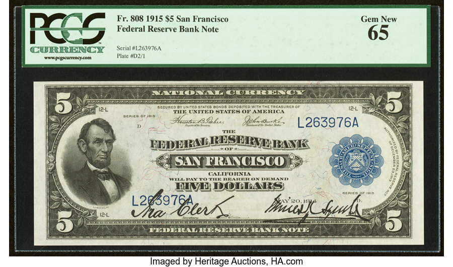 image for: Fr. 808 $5 1915 Federal Reserve Bank Note PCGS Gem New 65....