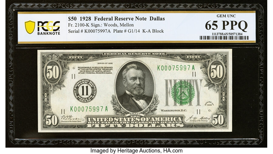 image for: Fr. 2100-K $50 1928 Federal Reserve Note. PCGS Banknote Gem Unc 65 PPQ....