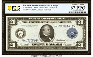 image for: Fr. 991b $20 1914 Federal Reserve Note PCGS Banknote Superb Gem Unc 67 PPQ....