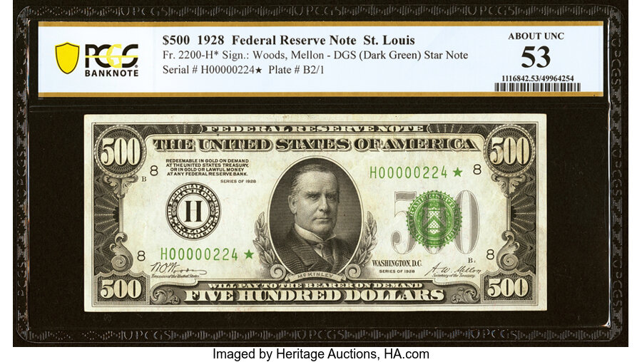 image for: Fr. 2200-H* $500 1928 Federal Reserve Star Note. PCGS Banknote About Unc 53....