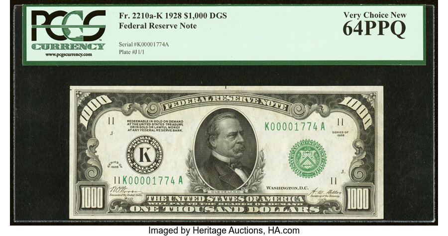 image for: Fr. 2210-K $1,000 1928 Federal Reserve Note. PCGS Very Choice New 64PPQ....