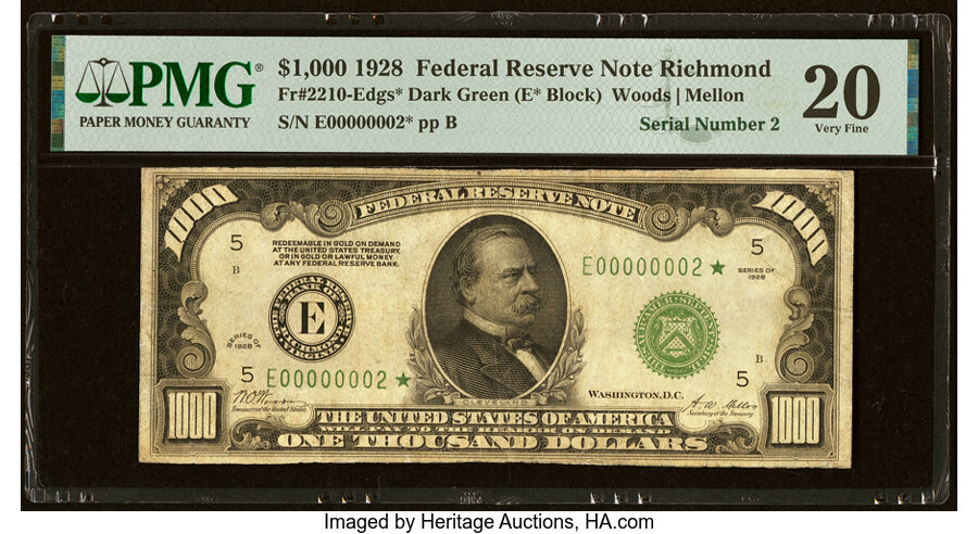 image for: Low Serial 00000002* Fr. 2210-E* $1,000 1928 Federal Reserve Star Note. PMG Very Fine 20....