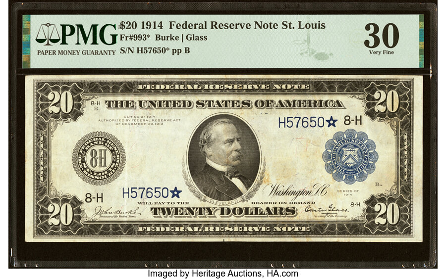 image for: Fr. 993* $20 1914 Federal Reserve Star Note PMG Very Fine 30....