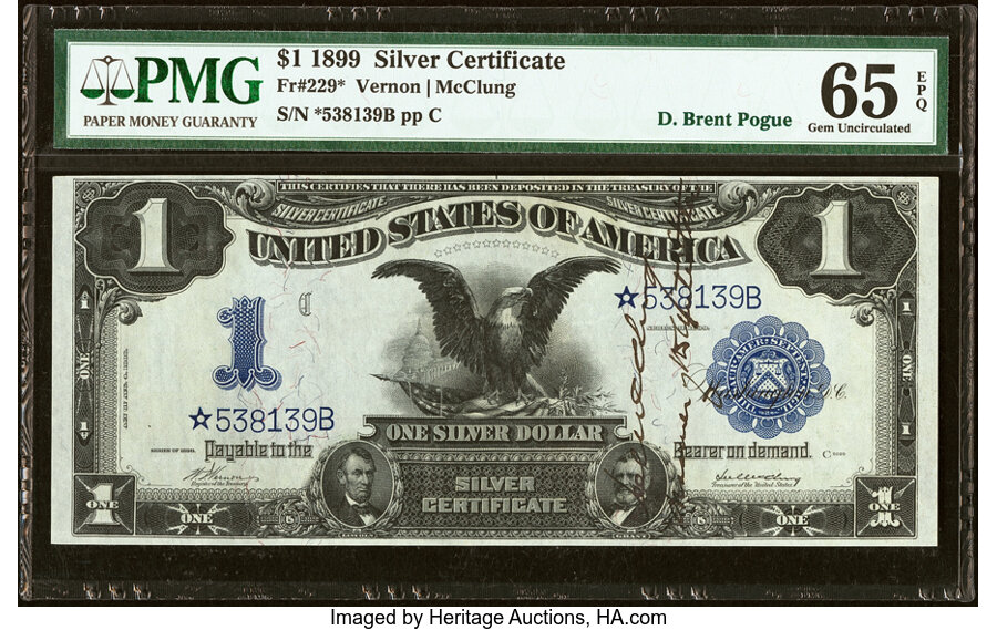 image for: Lee McClung Courtesy Autograph Fr. 229* $1 1899 Silver Certificate Star PMG Gem Uncirculated 65 EPQ....