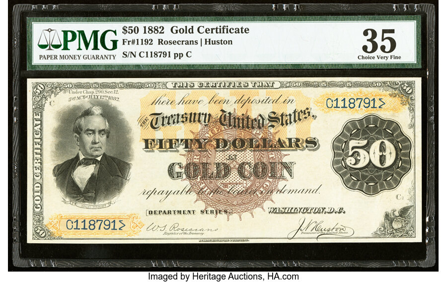 image for: Fr. 1192 $50 1882 Gold Certificate PMG Choice Very Fine 35....