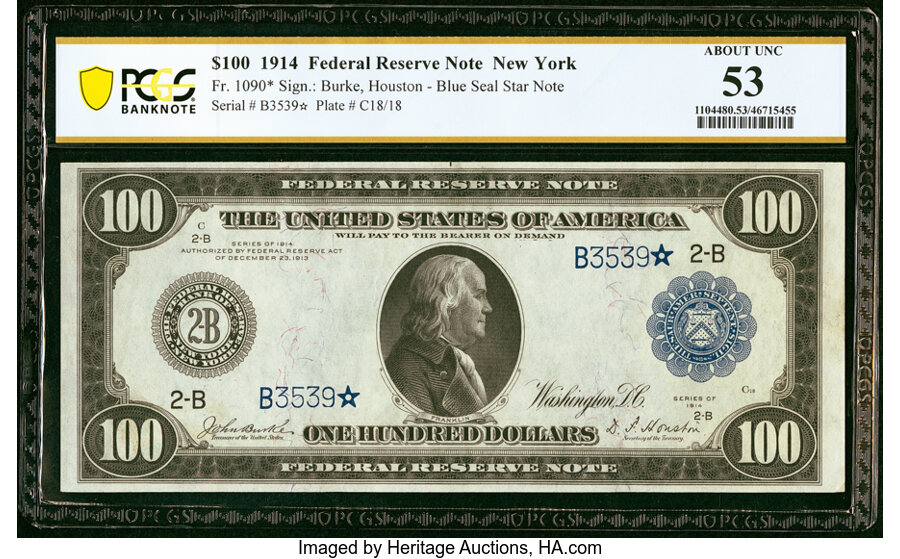 image for: Fr. 1090* $100 1914 Federal Reserve Star Note PCGS Banknote About Unc 53....