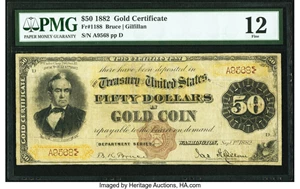 image for: Fr. 1188 $50 1882 Gold Certificate PMG Fine 12....
