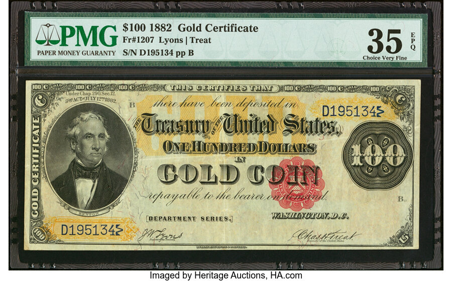 image for: Fr. 1207 $100 1882 Gold Certificate PMG Choice Very Fine 35 EPQ....