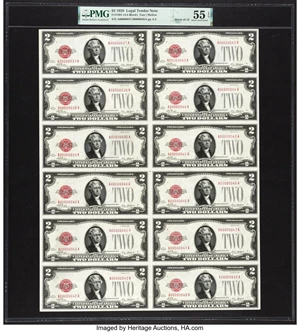 image for: Fr. 1501 $2 1928 Legal Tender Note. Uncut Sheet of 12. PMG About Uncirculated 55 EPQ....