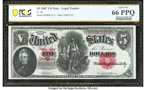 image for: Fr. 85 $5 1907 Legal Tender PCGS Banknote Gem Unc 66 PPQ....