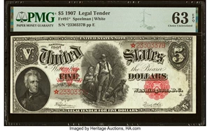 image for: Fr. 91* $5 1907 Legal Tender Star PMG Choice Uncirculated 63 EPQ....