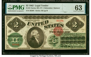 image for: Fr. 41 $2 1862 Legal Tender PMG Choice Uncirculated 63....