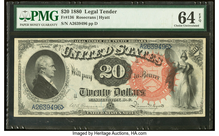 image for: Fr. 136 $20 1880 Legal Tender PMG Choice Uncirculated 64 EPQ....