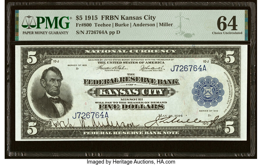 image for: Fr. 800 $5 1915 Federal Reserve Bank Note PMG Choice Uncirculated 64....