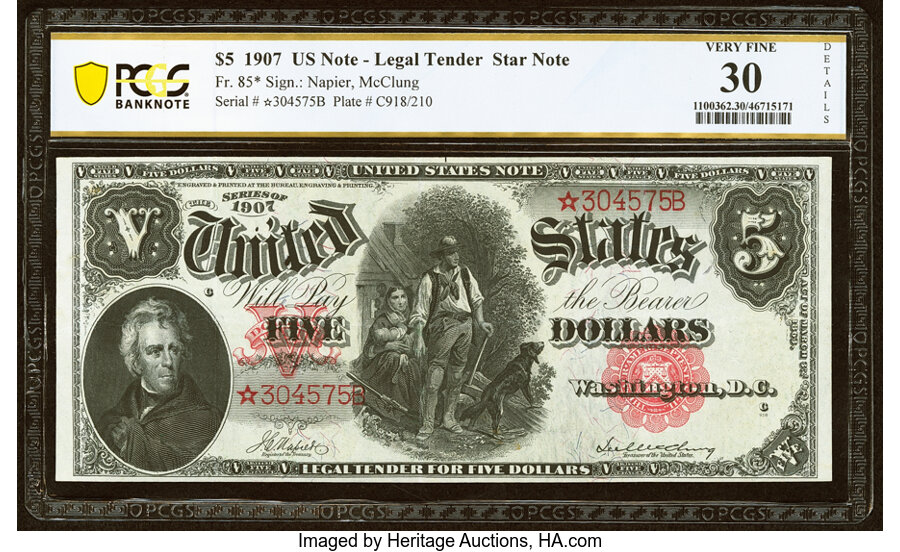image for: Fr. 85* $5 1907 Legal Tender Star PCGS Banknote Very Fine 30 Details....