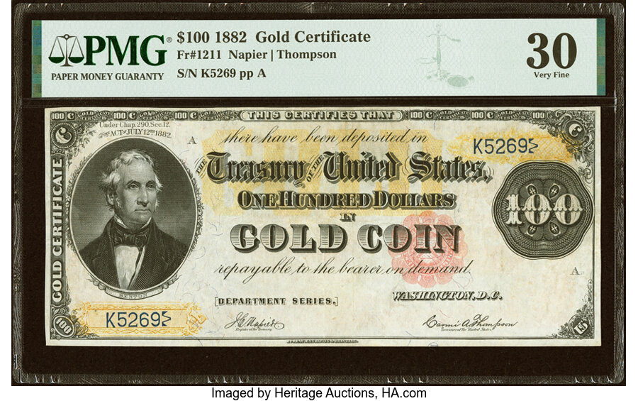 image for: Fr. 1211 $100 1882 Gold Certificate PMG Very Fine 30....