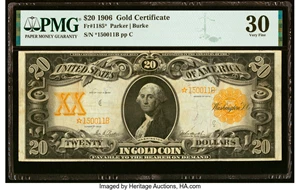 image for: Fr. 1185* $20 1906 Gold Certificate Star PMG Very Fine 30....