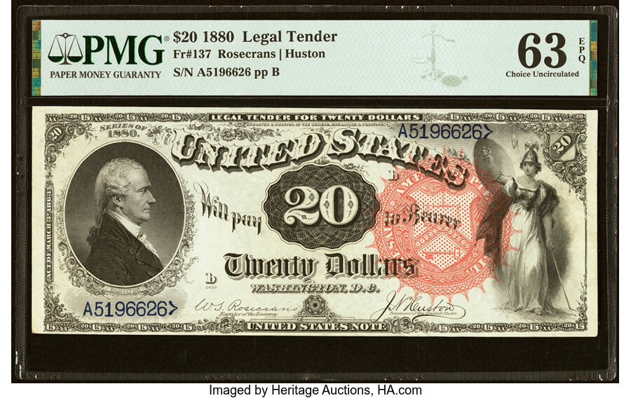 image for: Fr. 137 $20 1880 Legal Tender PMG Choice Uncirculated 63 EPQ....