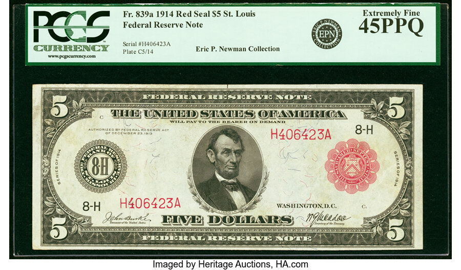 image for: Fr. 839a $5 1914 Red Seal Federal Reserve Note PCGS Extremely Fine 45PPQ....