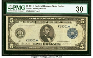 image for: Fr. 886* $5 1914 Federal Reserve Star Note PMG Very Fine 30....