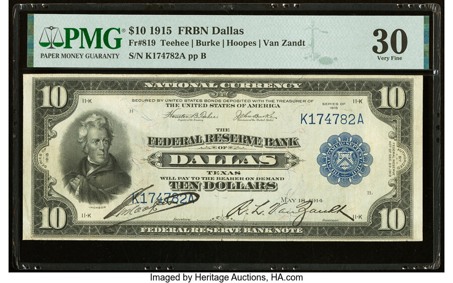 image for: Fr. 819 $10 1915 Federal Reserve Bank Note PMG Very Fine 30....
