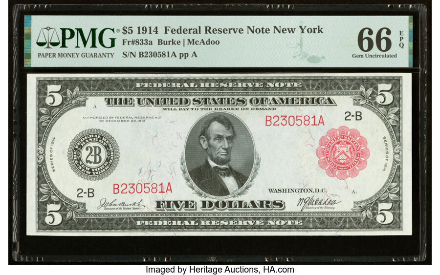 image for: Fr. 833a $5 1914 Red Seal Federal Reserve Note PMG Gem Uncirculated 66 EPQ....