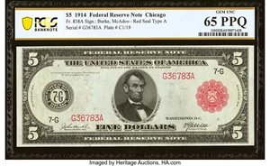 image for: Fr. 838a $5 1914 Red Seal Federal Reserve Note PCGS Banknote Gem Unc 65 PPQ....