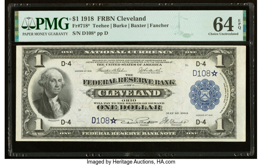 image for: Low Serial Number D108* Fr. 718* $1 1918 Federal Reserve Bank Star Note PMG Choice Uncirculated 64 EPQ....