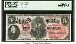 image for: Fr. 69 $5 1878 Legal Tender PCGS Gem New 66PPQ....