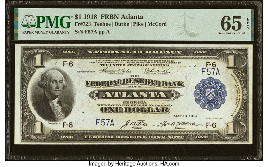 image for: Low Serial Number F57A Fr. 723 $1 1918 Federal Reserve Bank Note PMG Gem Uncirculated 65 EPQ....