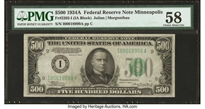 image for: Fr. 2202-I $500 1934A Federal Reserve Note. PMG Choice About Unc 58....