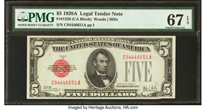 image for: Fr. 1526 $5 1928A Legal Tender Note. PMG Superb Gem Unc 67 EPQ....
