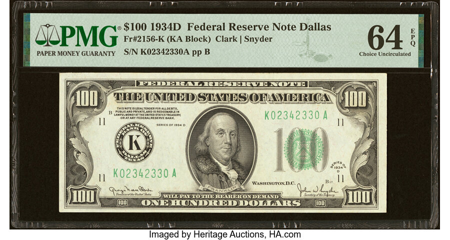 image for: Fr. 2156-K $100 1934D Federal Reserve Note. PMG Choice Uncirculated 64 EPQ....