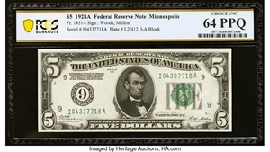 image for: Fr. 1951-I $5 1928A Federal Reserve Note. PCGS Banknote Choice Unc 64 PPQ....