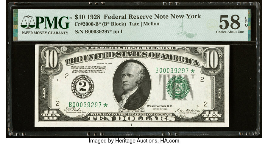 image for: Fr. 2000-B* $10 1928 Federal Reserve Star Note. PMG Choice About Unc 58 EPQ....