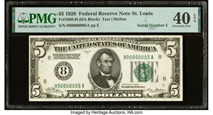 image for: Low Serial Number 5 Fr. 1950-H $5 1928 Federal Reserve Note. PMG Extremely Fine 40 EPQ....