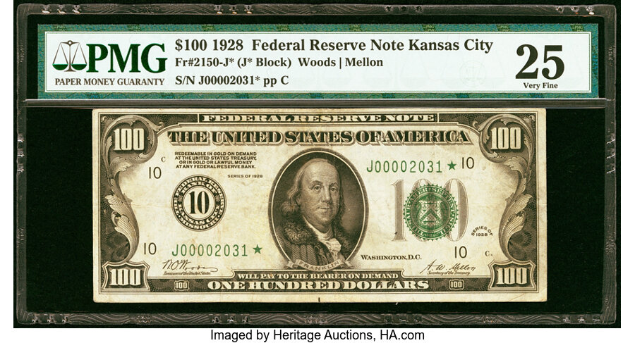 image for: Fr. 2150-J* $100 1928 Federal Reserve Star Note. PMG Very Fine 25....