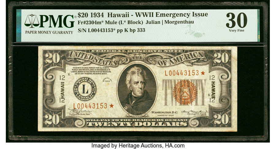image for: Fr. 2304* $20 1934 Mule Hawaii Federal Reserve Star Note. PMG Very Fine 30....