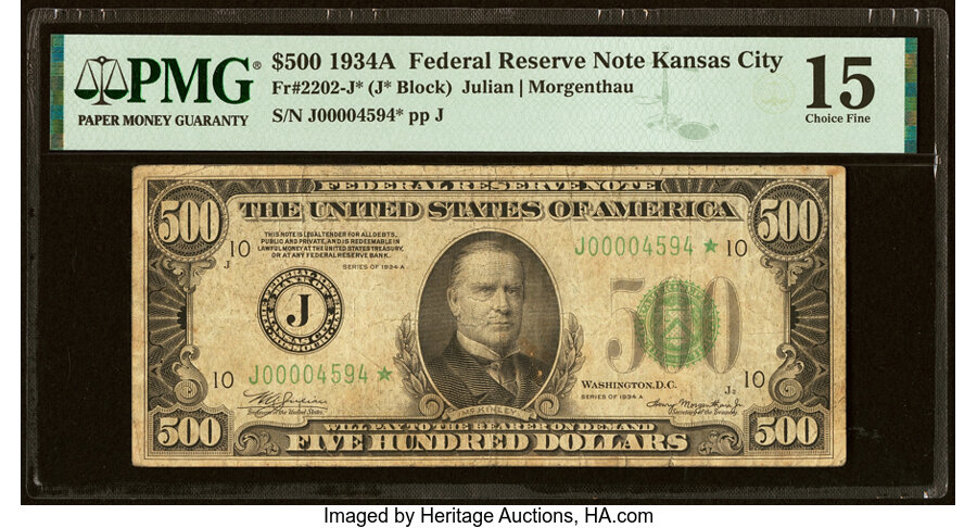 image for: Fr. 2202-J* $500 1934A Federal Reserve Star Note. PMG Choice Fine 15....