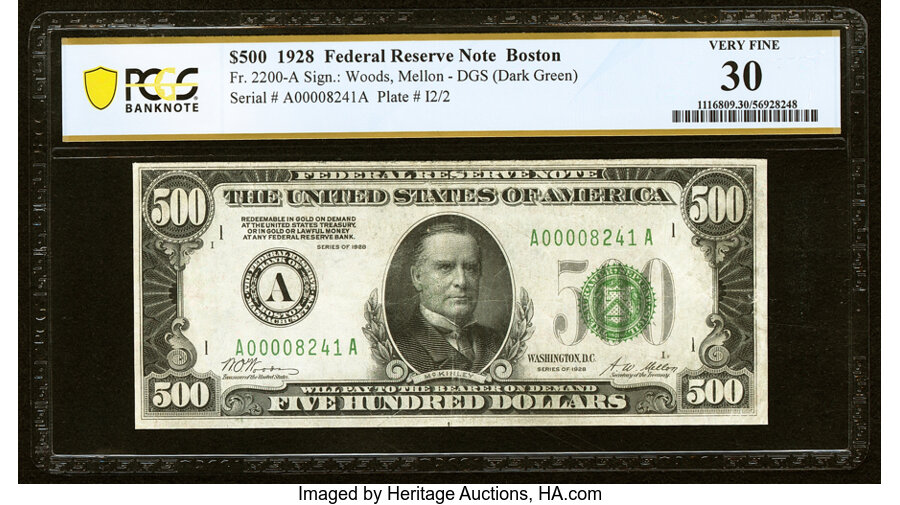 image for: Fr. 2200-A $500 1928 Federal Reserve Note. PCGS Banknote Very Fine 30....