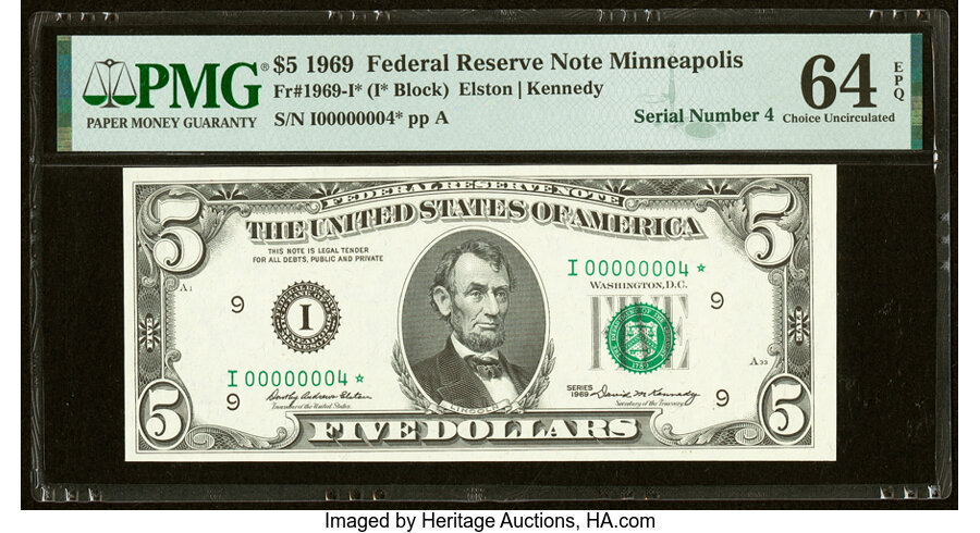 image for: Low Serial Number 4 Fr. 1969-I* $5 1969 Federal Reserve Star Note. PMG Choice Uncirculated 64 EPQ....
