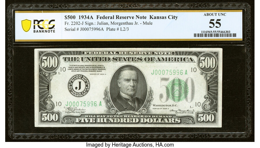 image for: Fr. 2202-J $500 1934A Federal Reserve Note. PCGS Banknote About Unc 55....