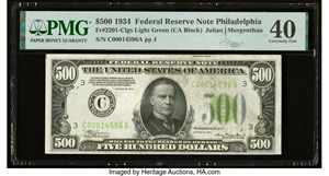 image for: Fr. 2201-C $500 1934 Light Green Seal Federal Reserve Note. PMG Extremely Fine 40....