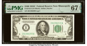 image for: Fr. 2155-I $100 1934C Federal Reserve Note. PMG Superb Gem Unc 67 EPQ....