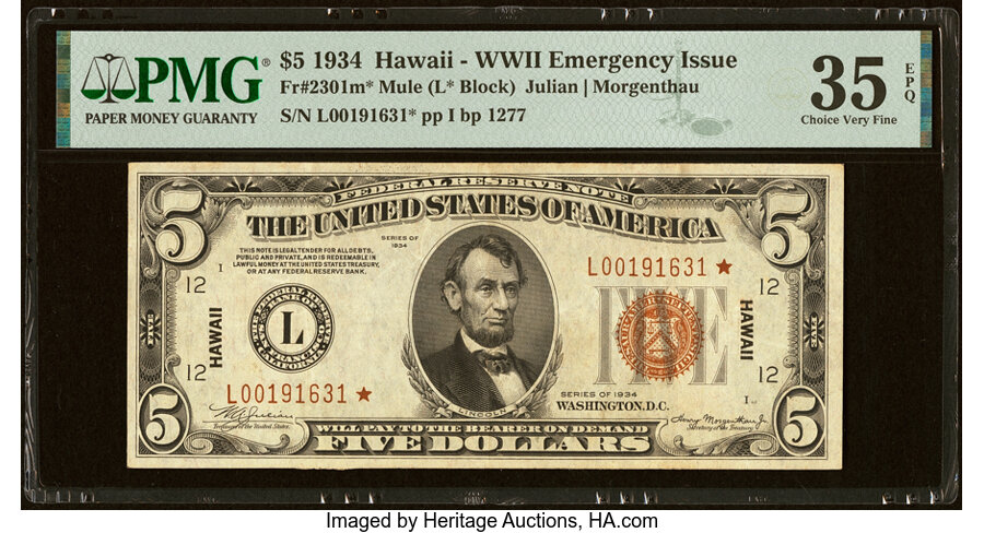 image for: Fr. 2301* $5 1934 Mule Hawaii Federal Reserve Star Note. PMG Choice Very Fine 35 EPQ....