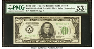 image for: Fr. 2201-A $500 1934 Federal Reserve Note. PMG About Uncirculated 53 EPQ....